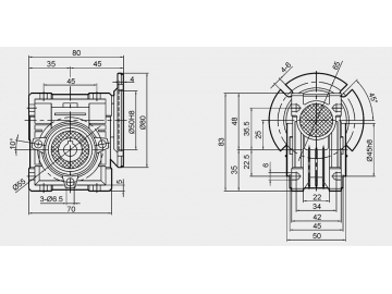 Dimensiones externas de motorreductores de tornillo sin fin serie RV