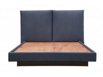 Cama queen size de madera de roble con cabecera tapizada