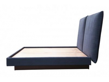 Cama queen size de madera de roble con cabecera tapizada