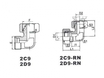 Adaptador reductor de tubo codo de 90º con tuerca giratoria, estándar DIN, 2C9/2D9