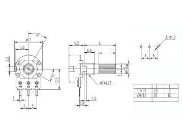 Potenciómetro rotatorio 16mm de eje metal, WH148-1A-2-T