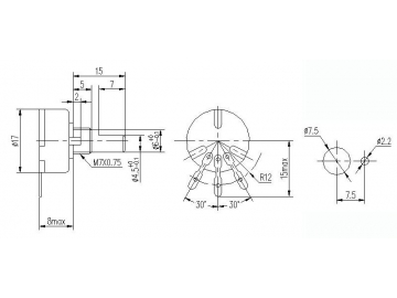 Potenciómetro rotatorio 17mm de eje metal, RV17-20F