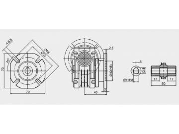 Dimensiones externas de motorreductores de tornillo sin fin serie RV