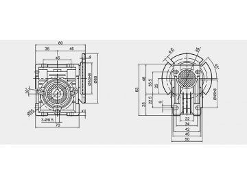 Dimensiones externas de motorreductores de tornillo sin fin serie RV